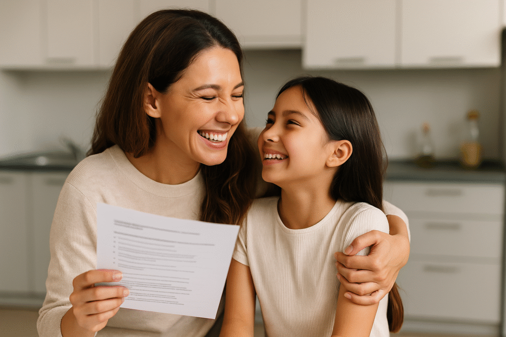 A smiling mother and daughter sitting together, happily reviewing a dental discount plan on a tablet, representing family-friendly health care decisions.