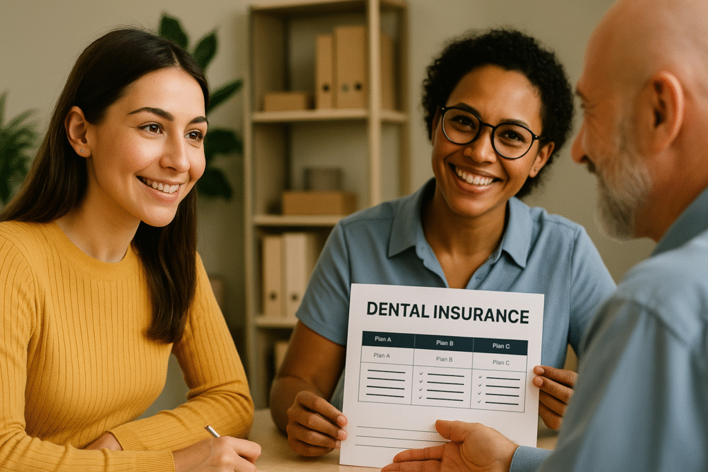 A modern dental clinic consultation where three people, including an older woman, are discussing dental implant insurance plans in a bright, professional setting.
