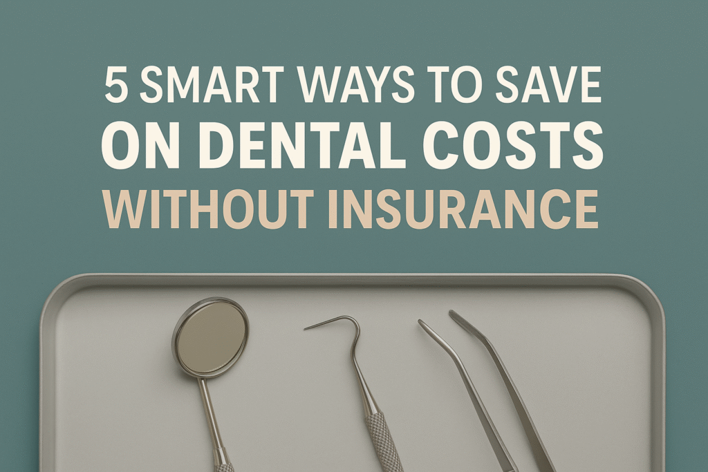 An illustrated promotional image showing money-saving tips for dental care without insurance, with icons of toothbrushes, dollar signs, and a smiling patient.