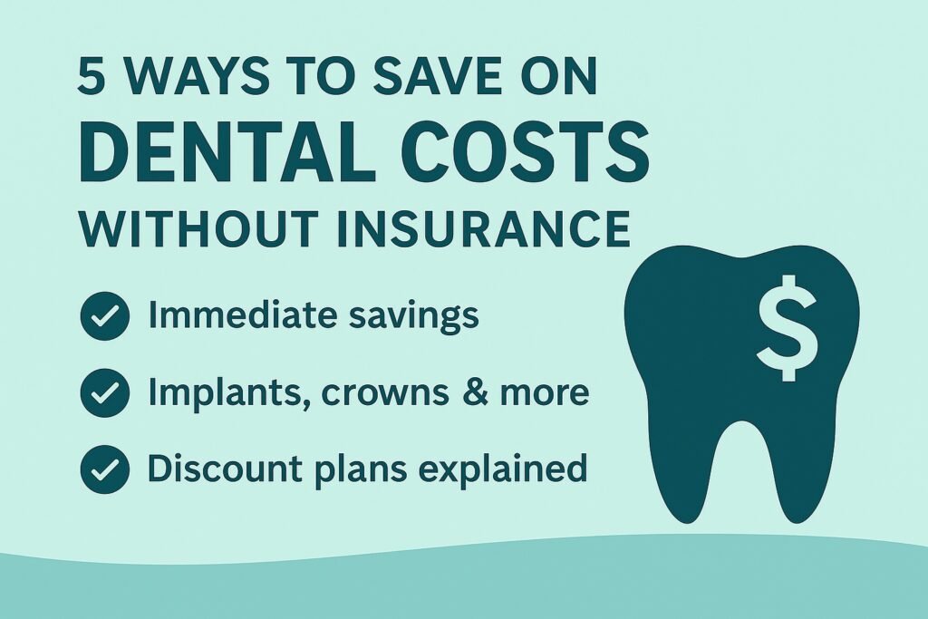 A clean digital illustration featuring a piggy bank with a dental implant and a money coin, symbolizing affordable dental care without insurance.