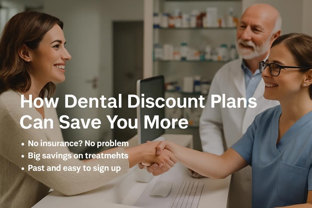 A smiling woman shakes hands with a receptionist at a dental clinic, with a dentist observing in the background.