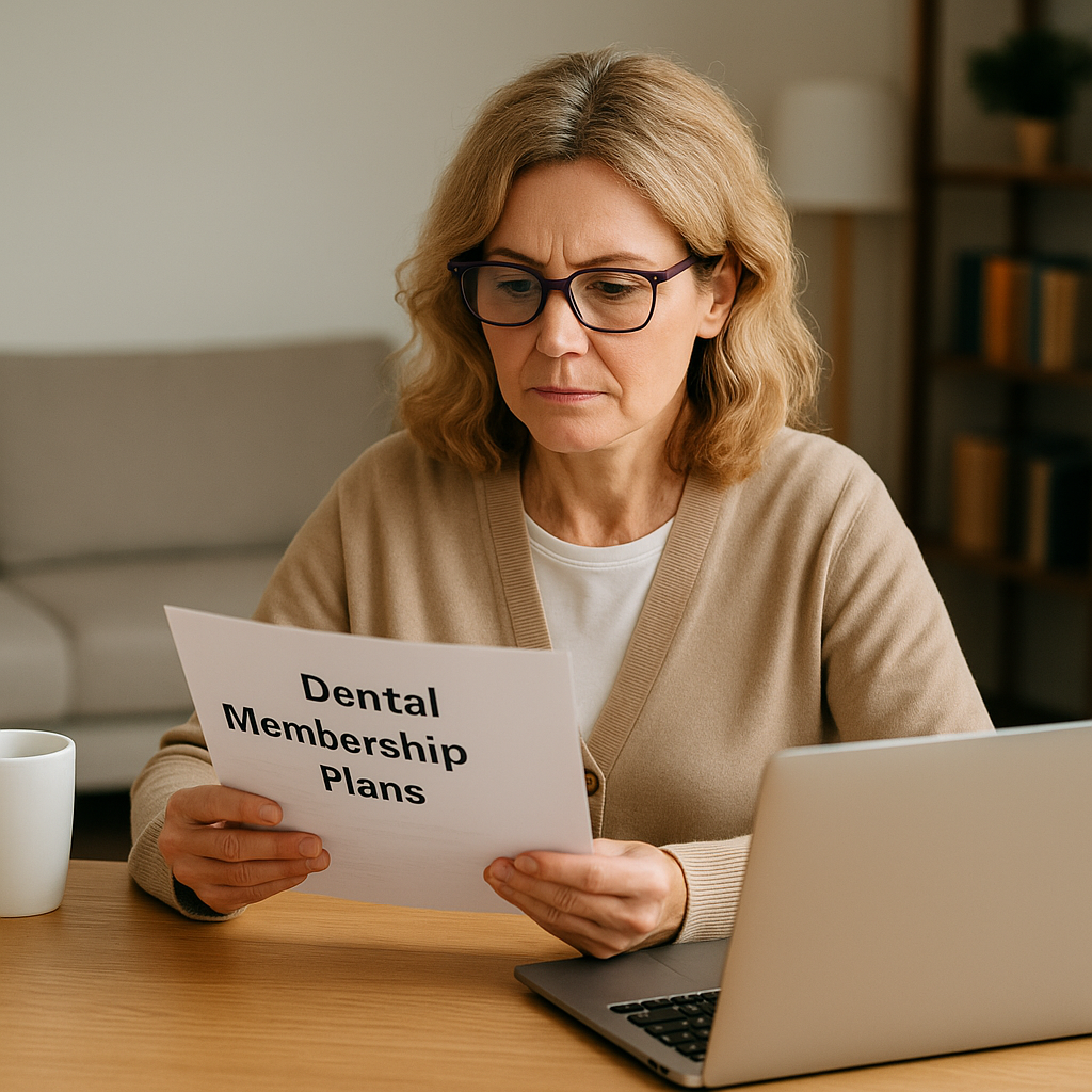 A middle-aged woman sits at her kitchen table, reviewing dental savings plan brochures with a laptop and a thoughtful expression.
