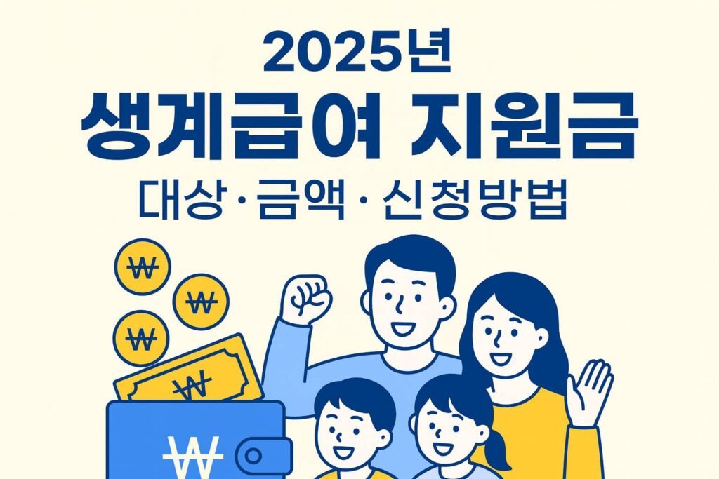행복한 가족이 미소 짓고 있으며, 지갑과 돈, 원화 기호가 함께 그려진 따뜻한 일러스트. ‘대상·금액·신청방법’이라는 문구가 포함되어 정부 복지 지원을 표현한 이미지.